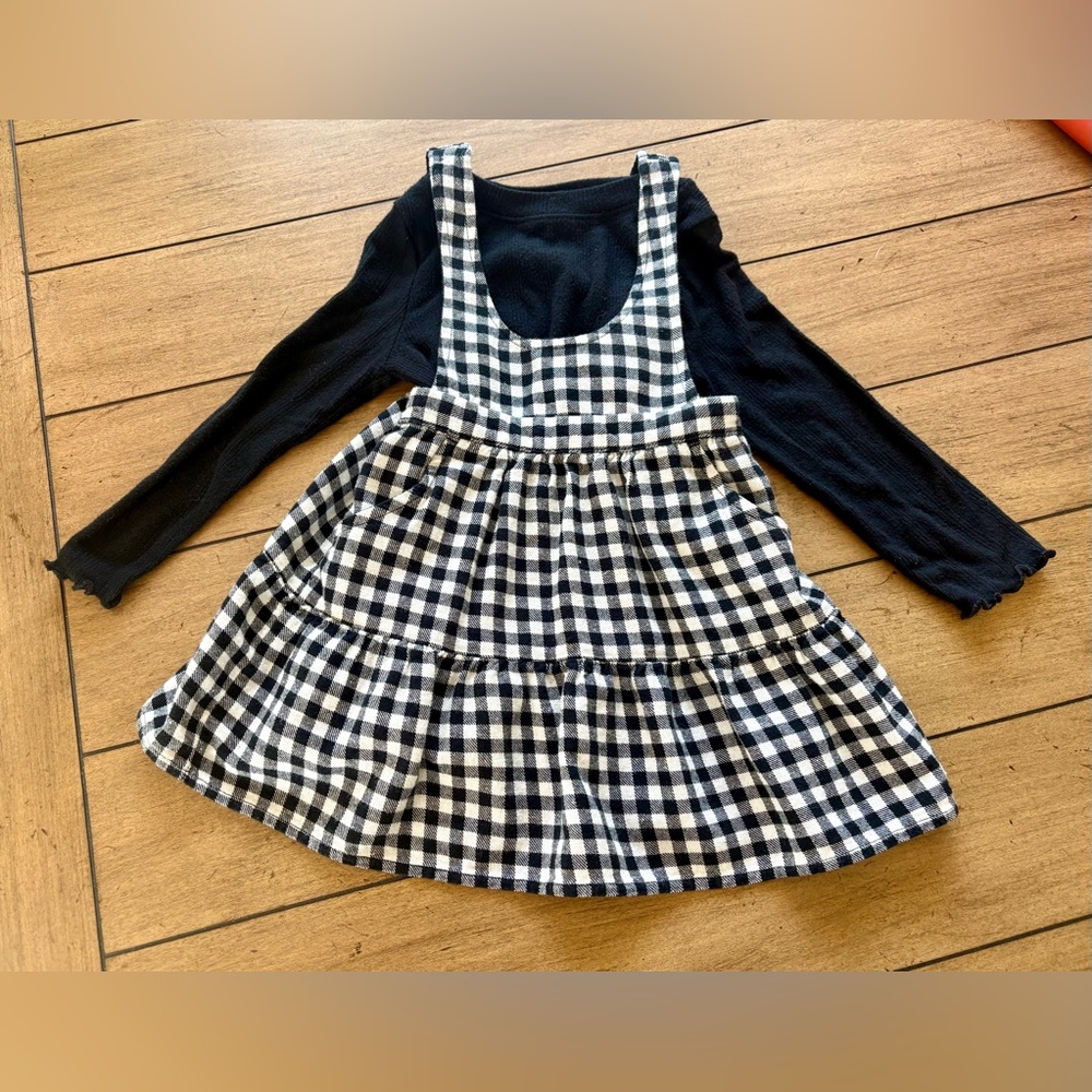 Cat & Jack Black & White Gingham Pinafore / Jumper Dress w/ L/S Under Shirt, 2T